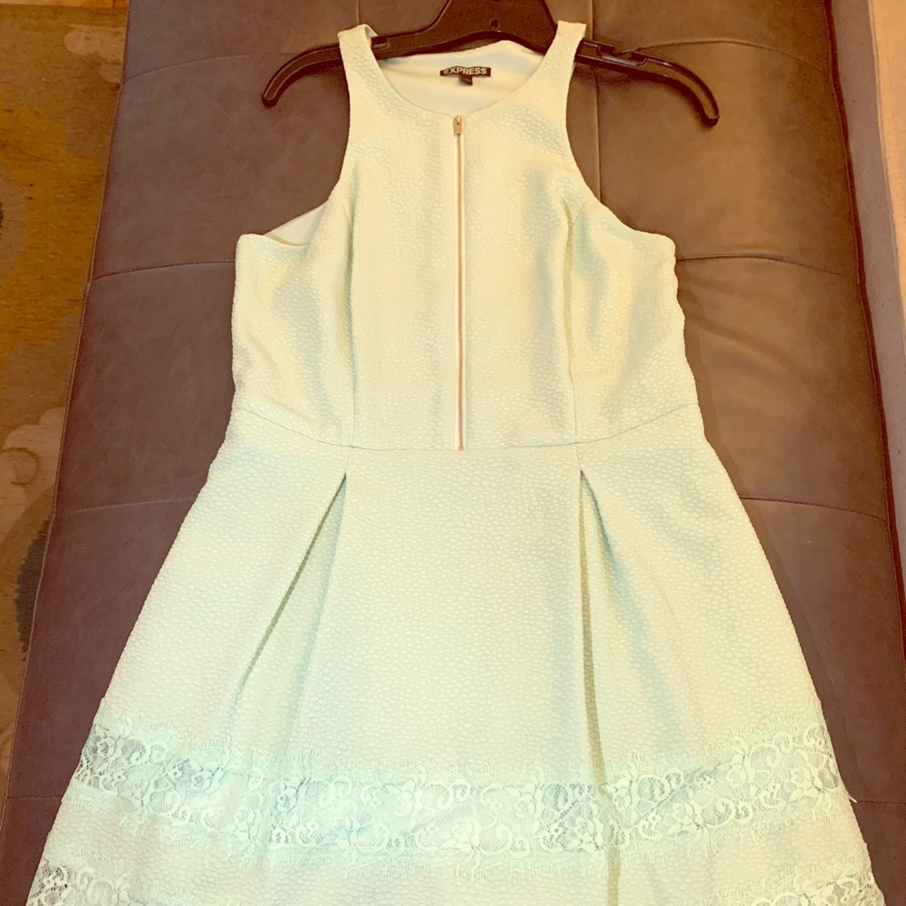 Classic Zip Front Halter Dress w Lace Skirt Panels